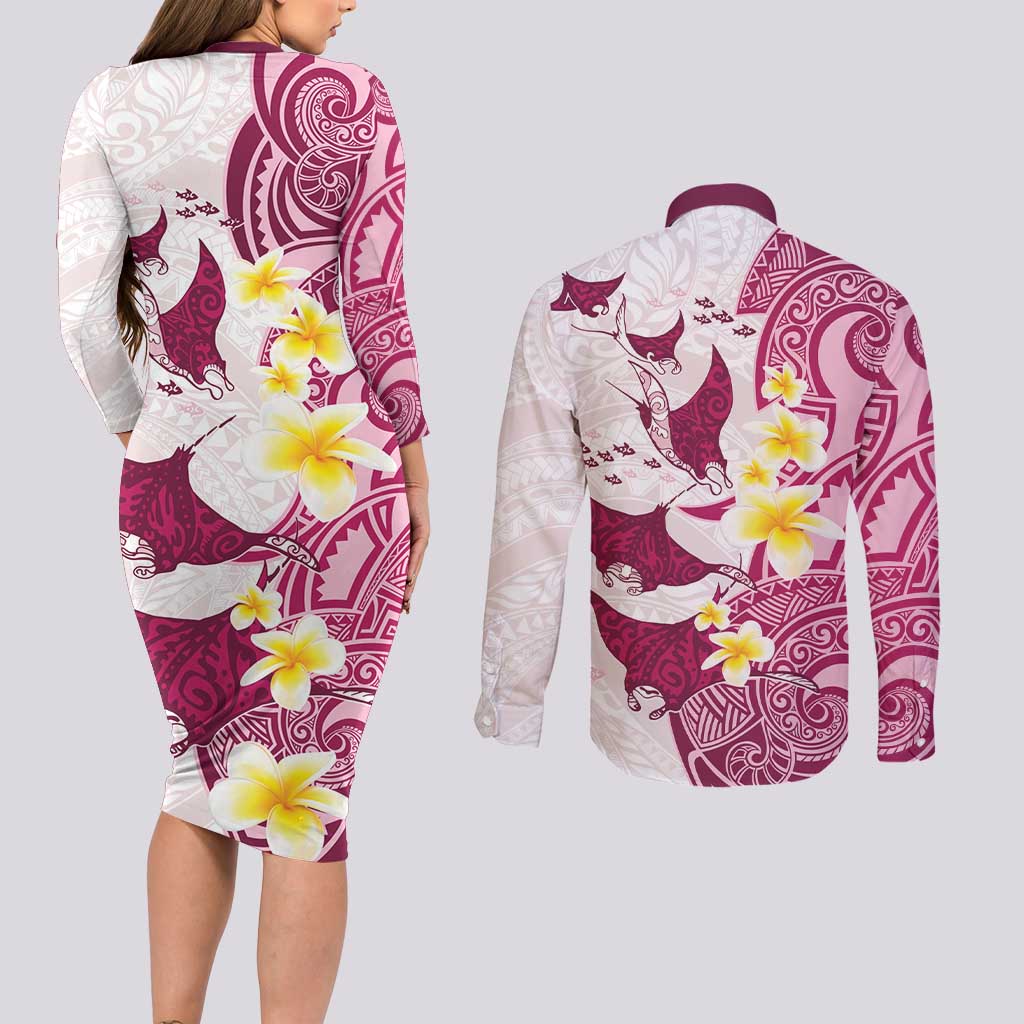 Maori Manta Ray Plumeria Royal Pink Couples Matching Long Sleeve Bodycon Dress and Long Sleeve Button Shirt LT01 - Polynesian Pride