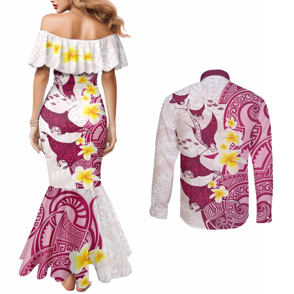 Maori Manta Ray Plumeria Royal Pink Couples Matching Mermaid Dress and Long Sleeve Button Shirt LT01 - Polynesian Pride