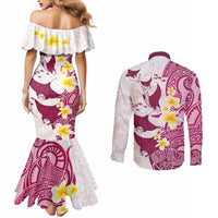 Maori Manta Ray Plumeria Royal Pink Couples Matching Mermaid Dress and Long Sleeve Button Shirt LT01 - Polynesian Pride