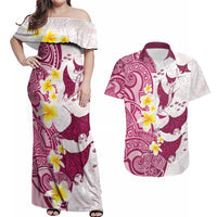 Maori Manta Ray Plumeria Royal Pink Couples Matching Off Shoulder Maxi Dress and Hawaiian Shirt LT01 Pink - Polynesian Pride