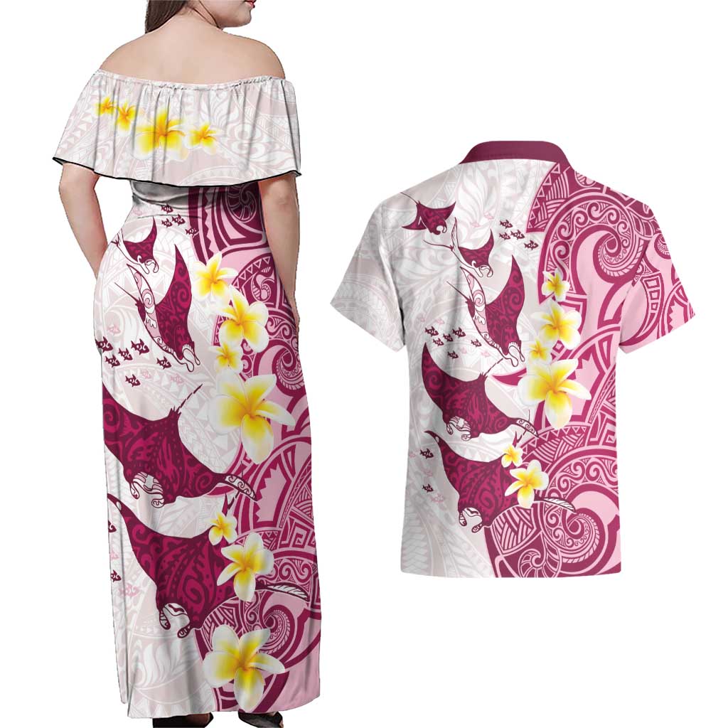 Maori Manta Ray Plumeria Royal Pink Couples Matching Off Shoulder Maxi Dress and Hawaiian Shirt LT01 - Polynesian Pride