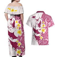 Maori Manta Ray Plumeria Royal Pink Couples Matching Off Shoulder Maxi Dress and Hawaiian Shirt LT01 - Polynesian Pride