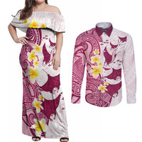 Maori Manta Ray Plumeria Royal Pink Couples Matching Off Shoulder Maxi Dress and Long Sleeve Button Shirt LT01 Pink - Polynesian Pride