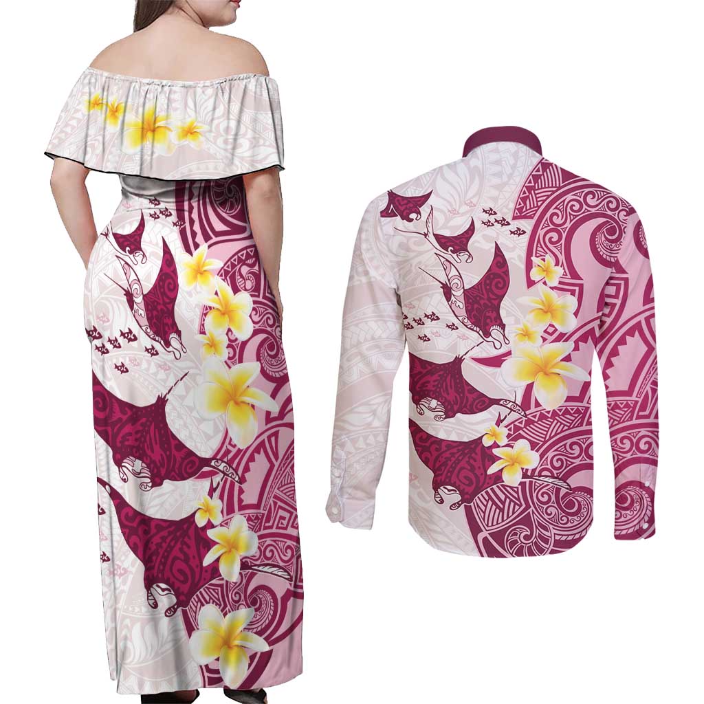 Maori Manta Ray Plumeria Royal Pink Couples Matching Off Shoulder Maxi Dress and Long Sleeve Button Shirt LT01 - Polynesian Pride