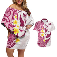 Maori Manta Ray Plumeria Royal Pink Couples Matching Off Shoulder Short Dress and Hawaiian Shirt LT01 Pink - Polynesian Pride