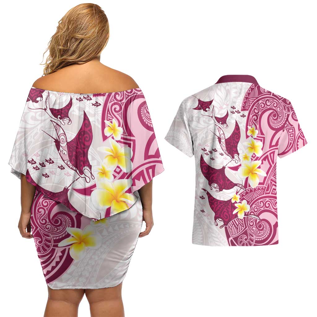 Maori Manta Ray Plumeria Royal Pink Couples Matching Off Shoulder Short Dress and Hawaiian Shirt LT01 - Polynesian Pride