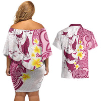Maori Manta Ray Plumeria Royal Pink Couples Matching Off Shoulder Short Dress and Hawaiian Shirt LT01 - Polynesian Pride