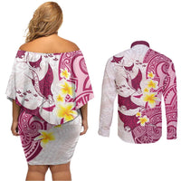 Maori Manta Ray Plumeria Royal Pink Couples Matching Off Shoulder Short Dress and Long Sleeve Button Shirt LT01 - Polynesian Pride