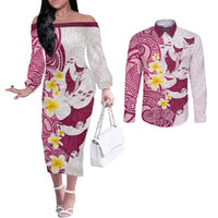 Maori Manta Ray Plumeria Royal Pink Couples Matching Off The Shoulder Long Sleeve Dress and Long Sleeve Button Shirt LT01 Pink - Polynesian Pride