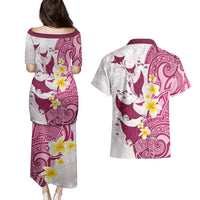 Maori Manta Ray Plumeria Royal Pink Couples Matching Puletasi and Hawaiian Shirt LT01 - Polynesian Pride