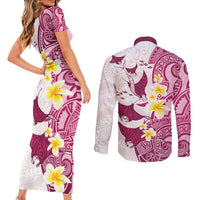 Maori Manta Ray Plumeria Royal Pink Couples Matching Short Sleeve Bodycon Dress and Long Sleeve Button Shirt LT01 - Polynesian Pride