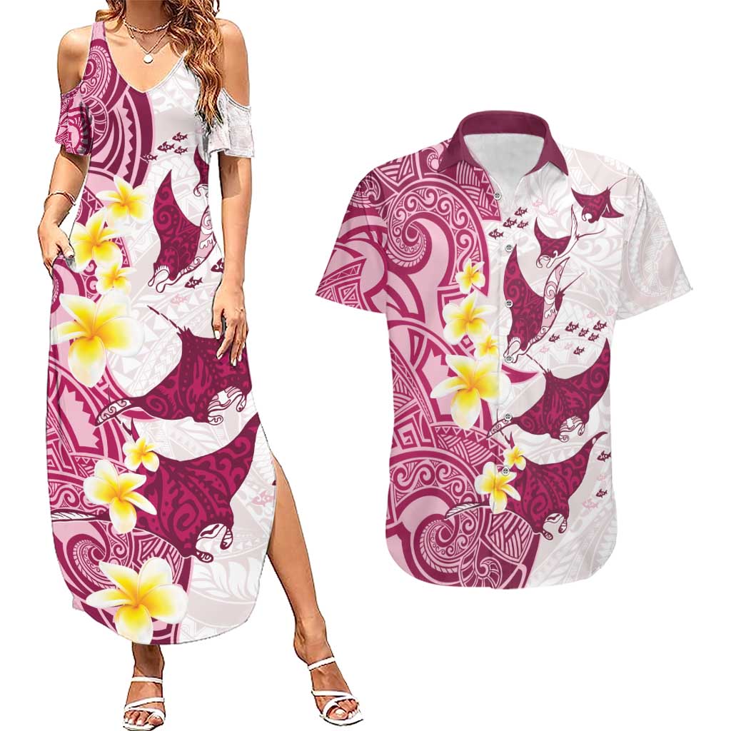 Maori Manta Ray Plumeria Royal Pink Couples Matching Summer Maxi Dress and Hawaiian Shirt LT01 Pink - Polynesian Pride