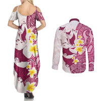 Maori Manta Ray Plumeria Royal Pink Couples Matching Summer Maxi Dress and Long Sleeve Button Shirt LT01 - Polynesian Pride