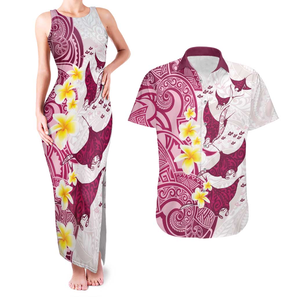 Maori Manta Ray Plumeria Royal Pink Couples Matching Tank Maxi Dress and Hawaiian Shirt LT01 Pink - Polynesian Pride