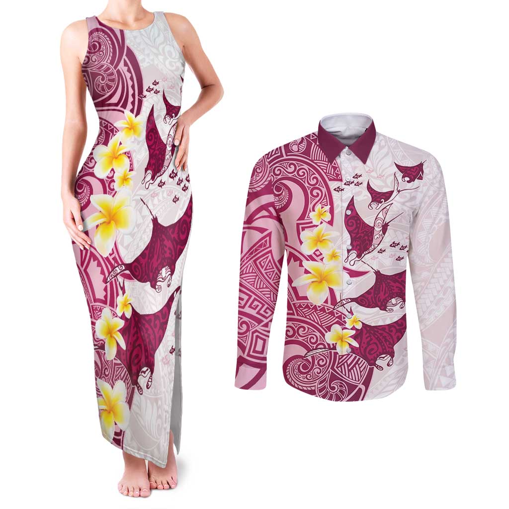 Maori Manta Ray Plumeria Royal Pink Couples Matching Tank Maxi Dress and Long Sleeve Button Shirt LT01 Pink - Polynesian Pride