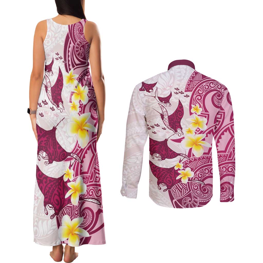 Maori Manta Ray Plumeria Royal Pink Couples Matching Tank Maxi Dress and Long Sleeve Button Shirt LT01 - Polynesian Pride