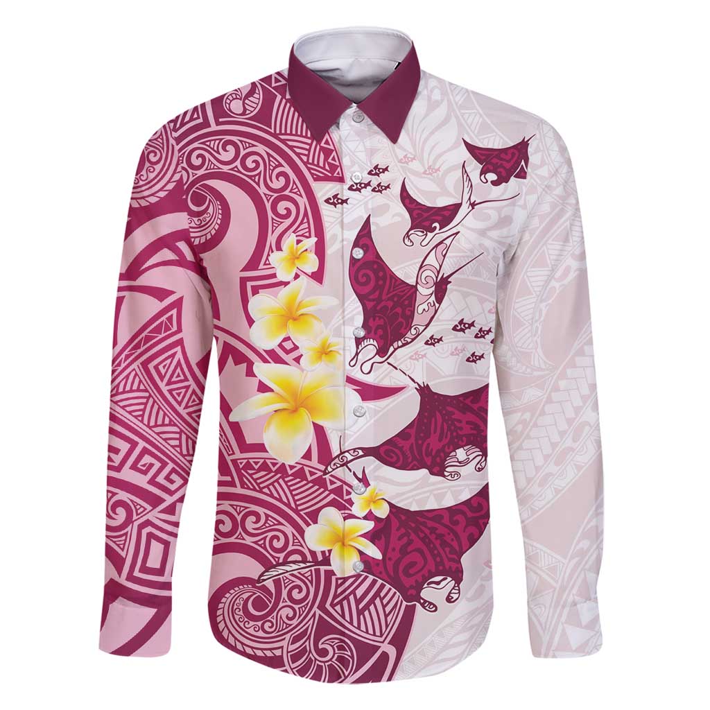 Maori Manta Ray Plumeria Royal Pink Family Matching Mermaid Dress and Hawaiian Shirt LT01 Dad's Shirt - Long Sleeve Pink - Polynesian Pride