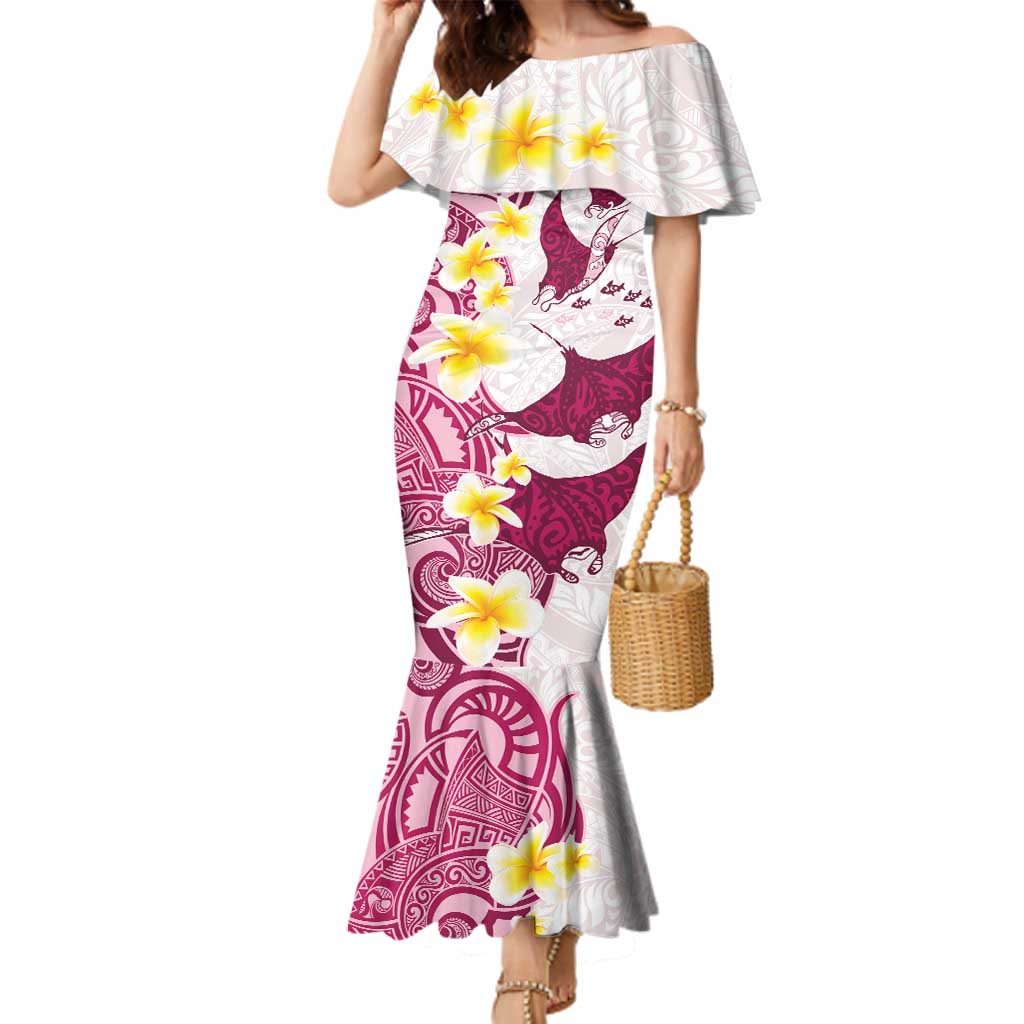 Maori Manta Ray Plumeria Royal Pink Family Matching Mermaid Dress and Hawaiian Shirt LT01 Mom's Dress Pink - Polynesian Pride