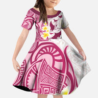 Maori Manta Ray Plumeria Royal Pink Family Matching Off The Shoulder Long Sleeve Dress and Hawaiian Shirt LT01 Daughter's Dress Pink - Polynesian Pride