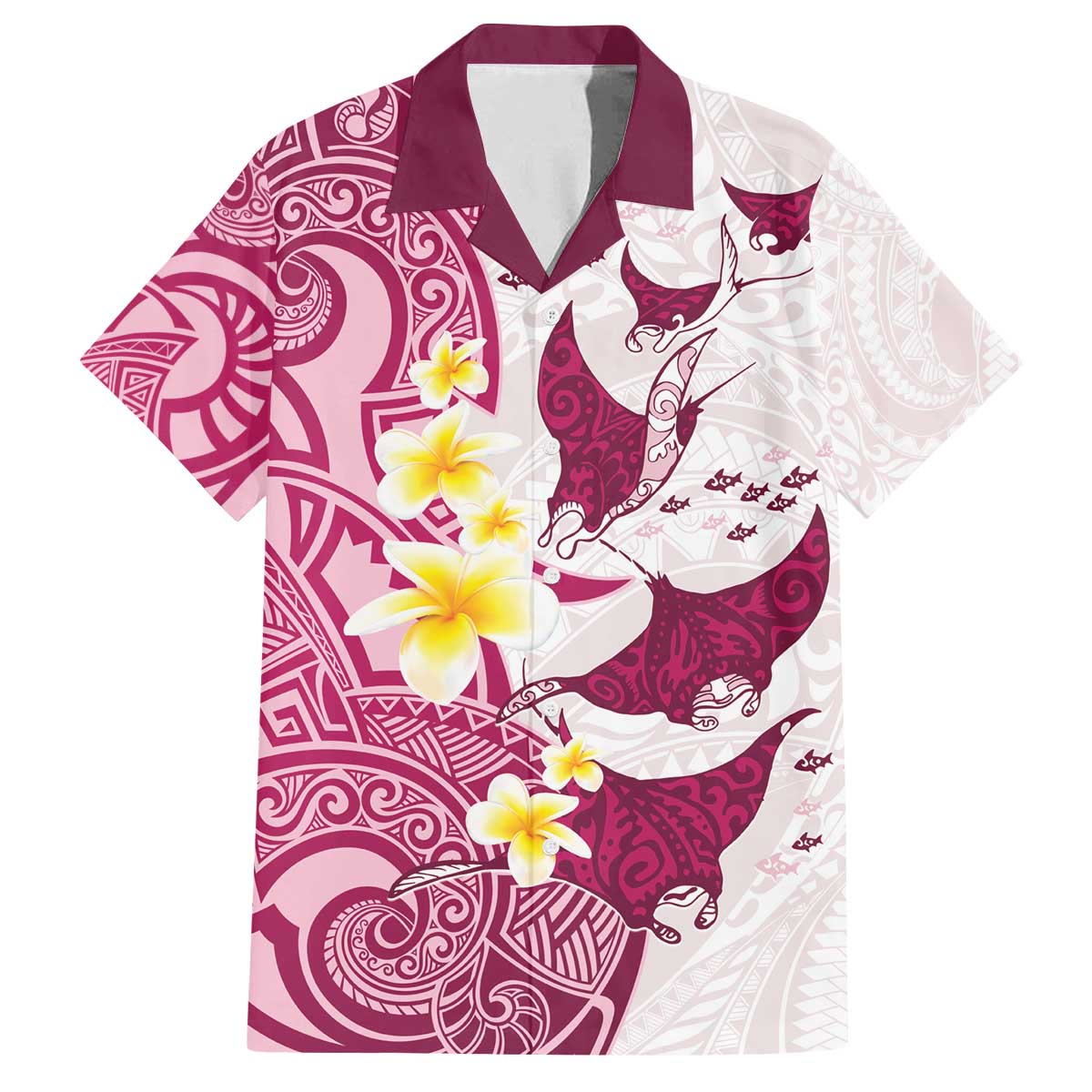 Maori Manta Ray Plumeria Royal Pink Family Matching Off The Shoulder Long Sleeve Dress and Hawaiian Shirt LT01 Dad's Shirt - Short Sleeve Pink - Polynesian Pride