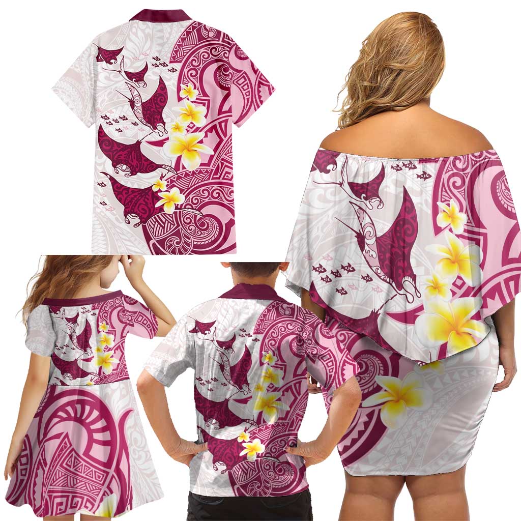 Maori Manta Ray Plumeria Royal Pink Family Matching Off Shoulder Short Dress and Hawaiian Shirt LT01 - Polynesian Pride