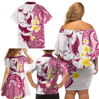 Maori Manta Ray Plumeria Royal Pink Family Matching Off Shoulder Short Dress and Hawaiian Shirt LT01 - Polynesian Pride