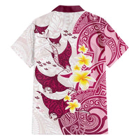 Maori Manta Ray Plumeria Royal Pink Family Matching Off Shoulder Short Dress and Hawaiian Shirt LT01 - Polynesian Pride