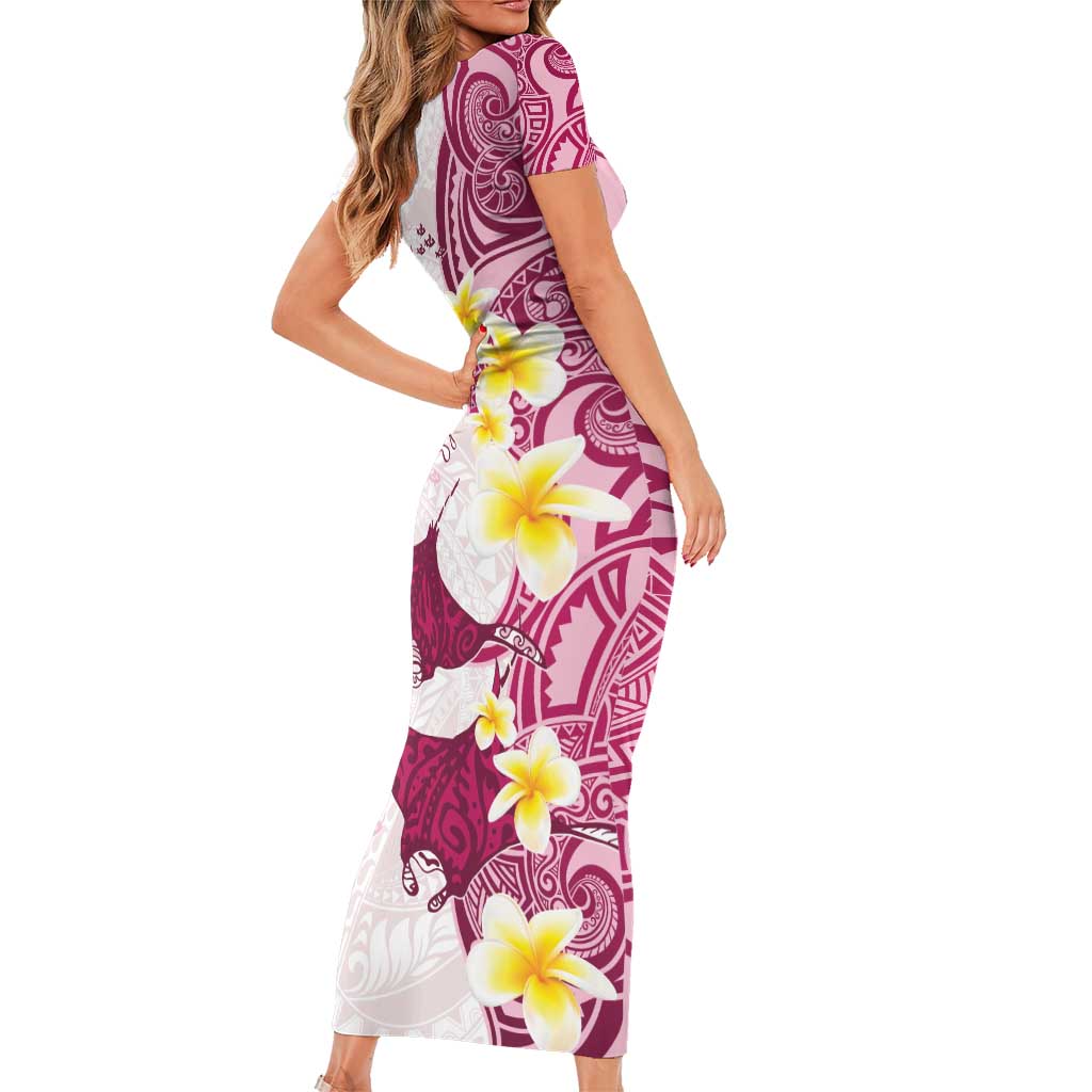 Maori Manta Ray Plumeria Royal Pink Family Matching Short Sleeve Bodycon Dress and Hawaiian Shirt LT01 - Polynesian Pride