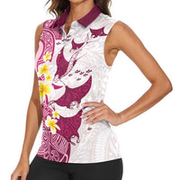 Maori Manta Ray Plumeria Royal Pink Women Sleeveless Polo Shirt LT01 - Polynesian Pride