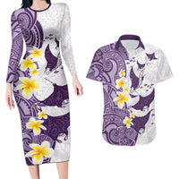 Maori Manta Ray Plumeria Deep Purple Couples Matching Long Sleeve Bodycon Dress and Hawaiian Shirt LT01 Purple - Polynesian Pride
