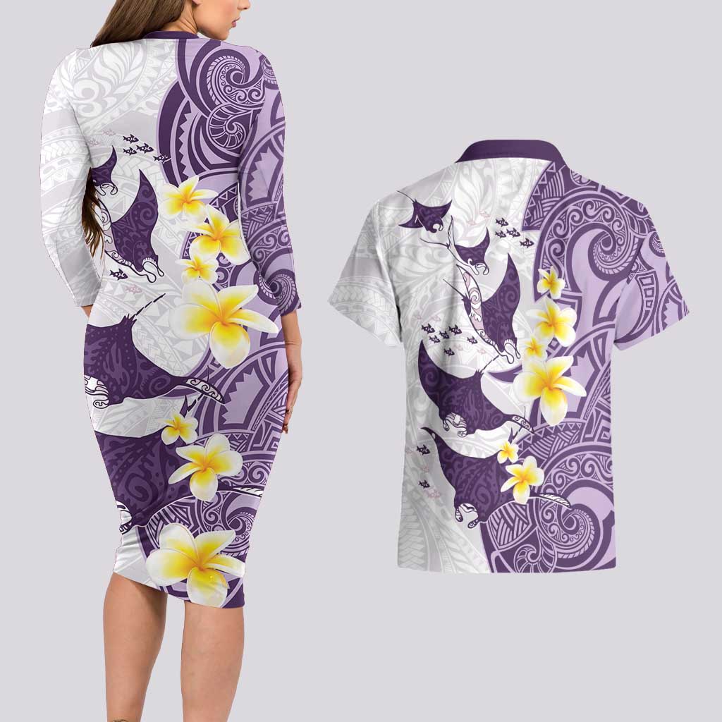 Maori Manta Ray Plumeria Deep Purple Couples Matching Long Sleeve Bodycon Dress and Hawaiian Shirt LT01 - Polynesian Pride