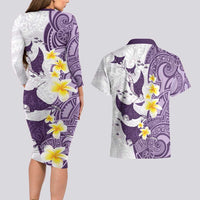 Maori Manta Ray Plumeria Deep Purple Couples Matching Long Sleeve Bodycon Dress and Hawaiian Shirt LT01 - Polynesian Pride