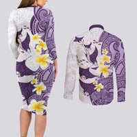 Maori Manta Ray Plumeria Deep Purple Couples Matching Long Sleeve Bodycon Dress and Long Sleeve Button Shirt LT01 - Polynesian Pride