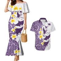 Maori Manta Ray Plumeria Deep Purple Couples Matching Mermaid Dress and Hawaiian Shirt LT01 Purple - Polynesian Pride