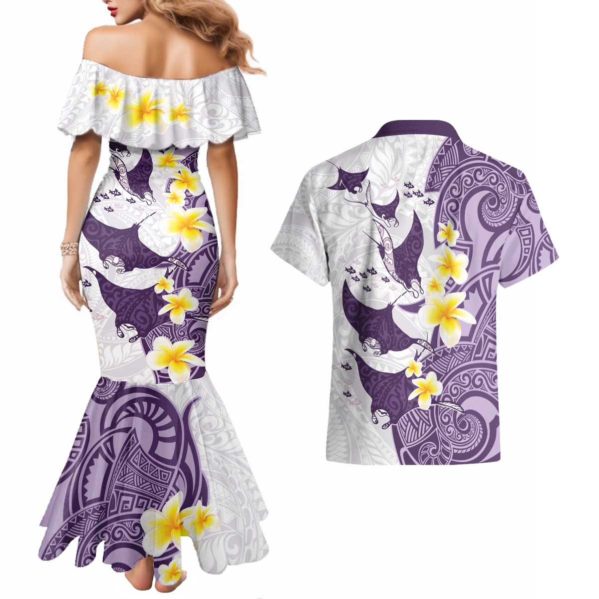 Maori Manta Ray Plumeria Deep Purple Couples Matching Mermaid Dress and Hawaiian Shirt LT01 - Polynesian Pride