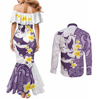 Maori Manta Ray Plumeria Deep Purple Couples Matching Mermaid Dress and Long Sleeve Button Shirt LT01 - Polynesian Pride