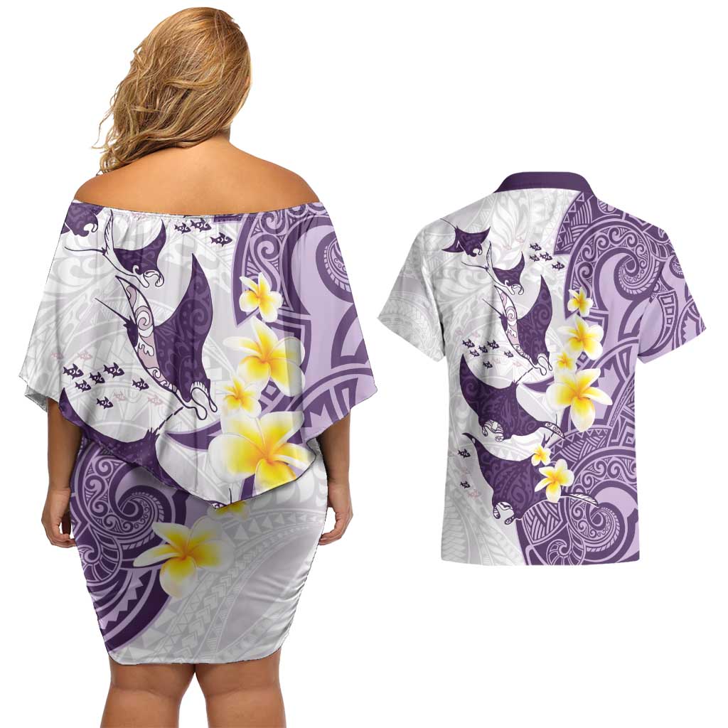 Maori Manta Ray Plumeria Deep Purple Couples Matching Off Shoulder Short Dress and Hawaiian Shirt LT01 - Polynesian Pride