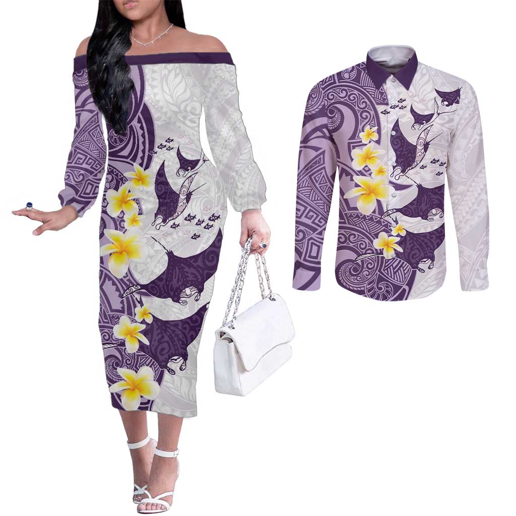 Maori Manta Ray Plumeria Deep Purple Couples Matching Off The Shoulder Long Sleeve Dress and Long Sleeve Button Shirt LT01 Purple - Polynesian Pride