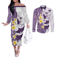 Maori Manta Ray Plumeria Deep Purple Couples Matching Off The Shoulder Long Sleeve Dress and Long Sleeve Button Shirt LT01 Purple - Polynesian Pride