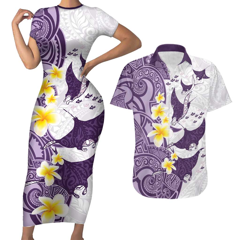 Maori Manta Ray Plumeria Deep Purple Couples Matching Short Sleeve Bodycon Dress and Hawaiian Shirt LT01 Purple - Polynesian Pride
