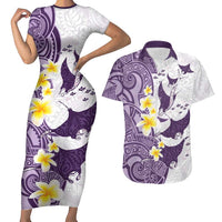 Maori Manta Ray Plumeria Deep Purple Couples Matching Short Sleeve Bodycon Dress and Hawaiian Shirt LT01 Purple - Polynesian Pride