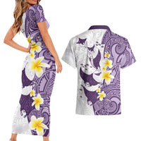 Maori Manta Ray Plumeria Deep Purple Couples Matching Short Sleeve Bodycon Dress and Hawaiian Shirt LT01 - Polynesian Pride