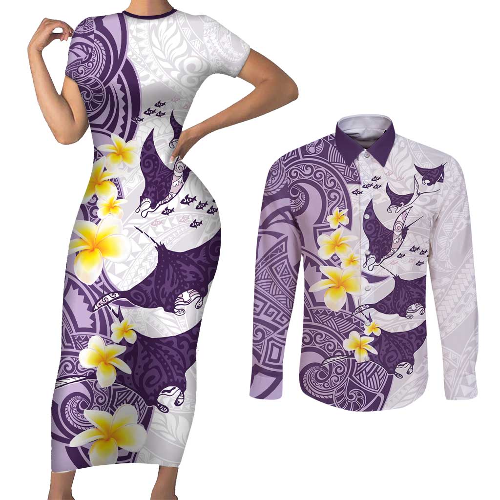 Maori Manta Ray Plumeria Deep Purple Couples Matching Short Sleeve Bodycon Dress and Long Sleeve Button Shirt LT01 Purple - Polynesian Pride
