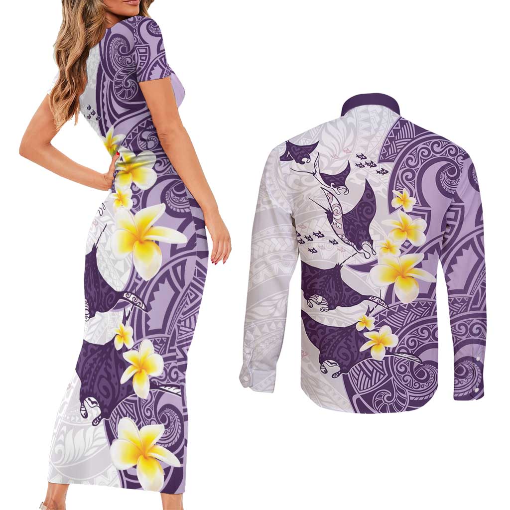 Maori Manta Ray Plumeria Deep Purple Couples Matching Short Sleeve Bodycon Dress and Long Sleeve Button Shirt LT01 - Polynesian Pride