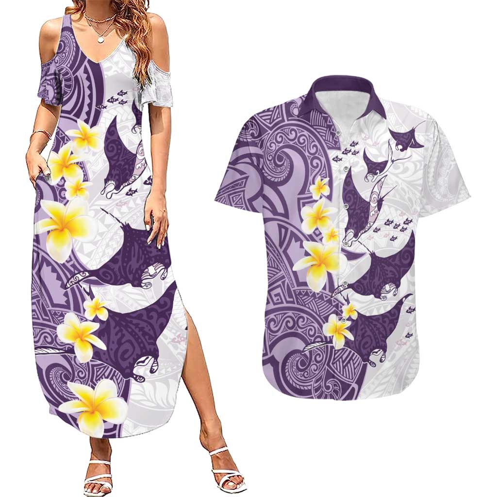 Maori Manta Ray Plumeria Deep Purple Couples Matching Summer Maxi Dress and Hawaiian Shirt LT01 Purple - Polynesian Pride