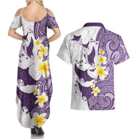 Maori Manta Ray Plumeria Deep Purple Couples Matching Summer Maxi Dress and Hawaiian Shirt LT01 - Polynesian Pride