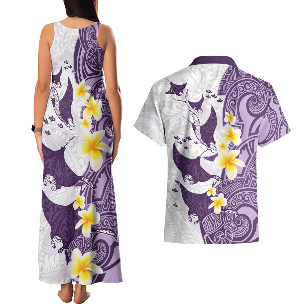 Maori Manta Ray Plumeria Deep Purple Couples Matching Tank Maxi Dress and Hawaiian Shirt LT01 - Polynesian Pride