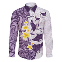 Maori Manta Ray Plumeria Deep Purple Family Matching Long Sleeve Bodycon Dress and Hawaiian Shirt LT01 Dad's Shirt - Long Sleeve Purple - Polynesian Pride