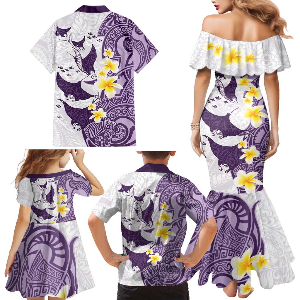 Maori Manta Ray Plumeria Deep Purple Family Matching Mermaid Dress and Hawaiian Shirt LT01 - Polynesian Pride