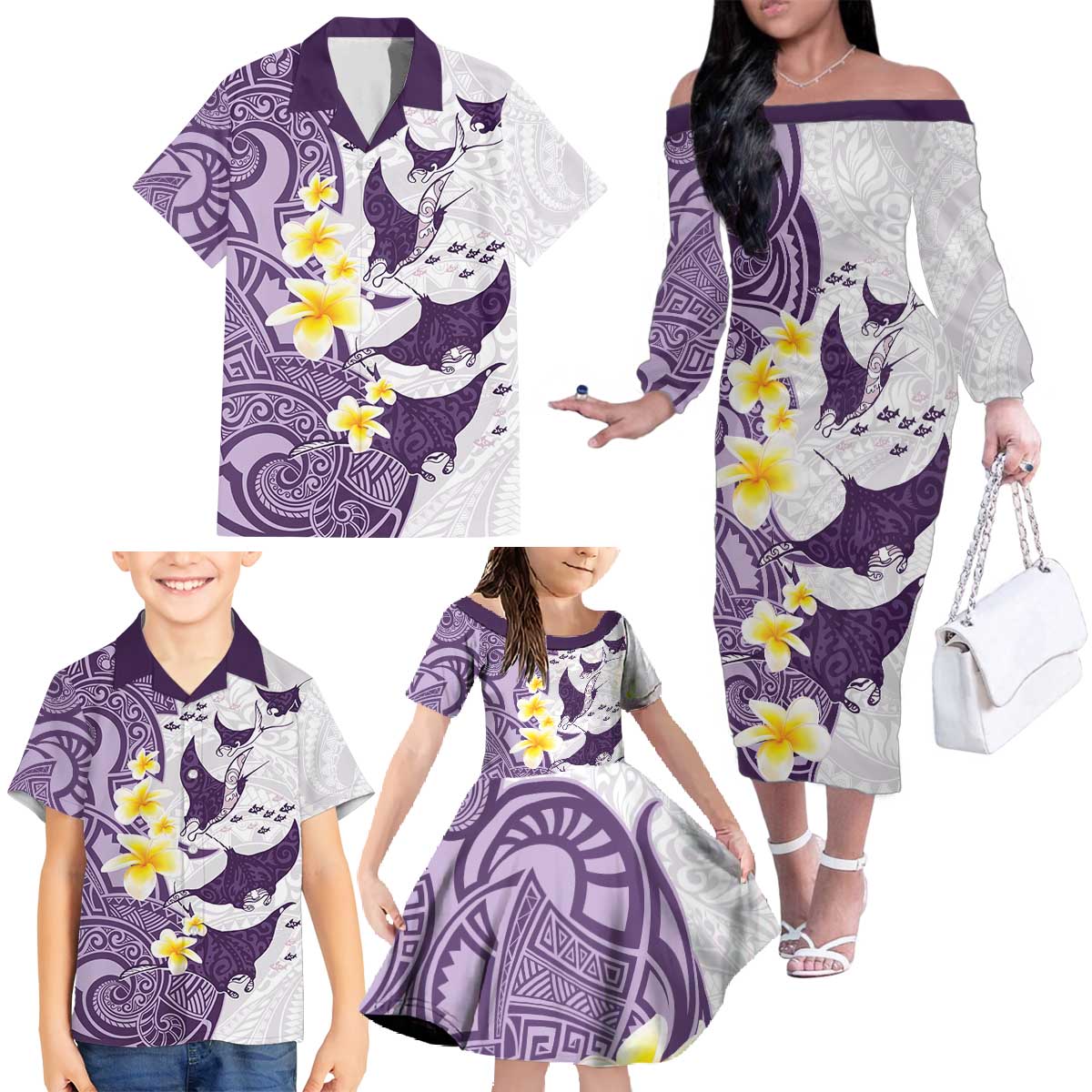 Maori Manta Ray Plumeria Deep Purple Family Matching Off The Shoulder Long Sleeve Dress and Hawaiian Shirt LT01 - Polynesian Pride